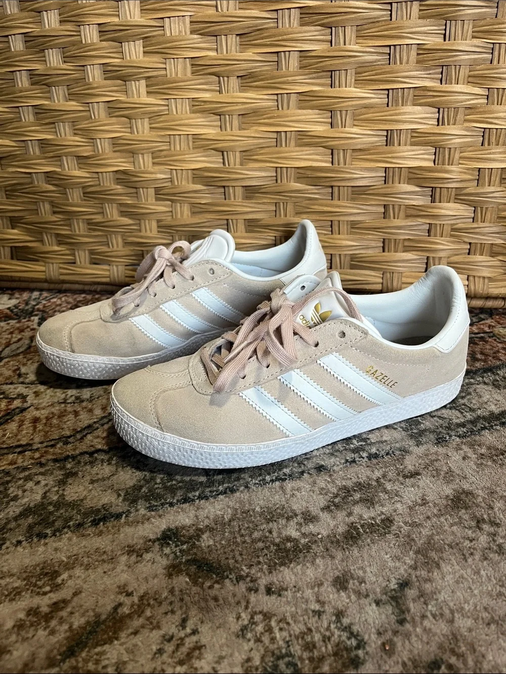 adidas girls light pink Suede Sneakers with White Stripes